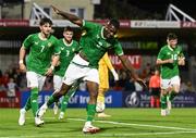 12 September 2023; Sinclair Armstrong of Republic of Ireland celebrates after scoring his side's third goal during the UEFA European Under-21 Championship Qualifier match between Republic of Ireland and San Marino at Turner’s Cross Stadium in Cork. Photo by Eóin Noonan/Sportsfile