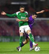 15 September 2023; Darragh Levingston of Wexford is tackled by Jaze Kabia of Cork City during the Sports Direct Men’s FAI Cup quarter final match between Cork City and Wexford at Turner's Cross in Cork. Photo by Eóin Noonan/Sportsfile