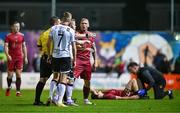 15 September 2023; Stephen Walsh of Galway United tussles with Daryl Horgan, centre, and Daniel Kelly, 7, of Dundalk during the Sports Direct Men’s FAI Cup quarter-final match between Galway United and Dundalk at Eamonn Deacy Park in Galway. Photo by Ben McShane/Sportsfile