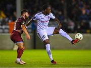 15 September 2023; Jonathan Afolabi of Bohemians in action against Gary Deegan of Drogheda United during the Sports Direct Men’s FAI Cup quarter-final match between Drogheda United and Bohemians at Weavers Park in Drogheda, Louth. Photo by Seb Daly/Sportsfile