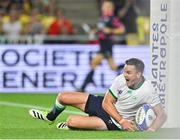 16 September 2023; Jonathan Sexton of Ireland scores his side's fourth try to become his country's all-time top points scorer in international rugby during the 2023 Rugby World Cup Pool B match between Ireland and Tonga at Stade de la Beaujoire in Nantes, France. Photo by Brendan Moran/Sportsfile