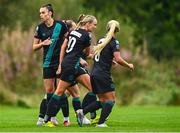 17 September 2023; Stephanie Zambra of Shamrock Rovers, centre, celebrates with team-mates after scoring her side's first goal during the Sports Direct Women's FAI Cup quarter-final match between Cork City and Shamrock Rovers at Bishopstown Stadium in Cork. Photo by Eóin Noonan/Sportsfile