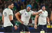 16 September 2023; Tadhg Beirne of Ireland, centre, with teammates Iain Henderson, left, and Ryan Baird during the 2023 Rugby World Cup Pool B match between Ireland and Tonga at Stade de la Beaujoire in Nantes, France. Photo by Brendan Moran/Sportsfile