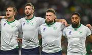 16 September 2023; Ireland players, from left, James Lowe, Caelan Doris, Andrew Porter and Bundee Aki during the national anthems before the 2023 Rugby World Cup Pool B match between Ireland and Tonga at Stade de la Beaujoire in Nantes, France. Photo by Brendan Moran/Sportsfile