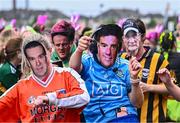 16 September 2023; Players from the Galbally team from Tyrone, wearing masks of well-known GAA personalities, during the 2023 LGFA/Sports Direct Gaelic4Mothers&Others National Blitz Day at Naomh Mearnóg GAA club in Portmarnock, Dublin. Photo by Piaras Ó Mídheach/Sportsfile