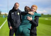 18 September 2023; Interim head coach Eileen Gleeson with Lucy Quinn during a Republic of Ireland women training session at the FAI National Training Centre in Abbotstown, Dublin. Photo by Stephen McCarthy/Sportsfile