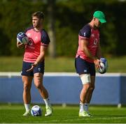 19 September 2023; Jack Crowley, left, and Jonathan Sexton during an Ireland rugby squad training session at Complexe de la Chambrerie in Tours, France. Photo by Brendan Moran/Sportsfile
