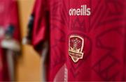 15 September 2023; A detailed view of a Galway jersey in the dressing room before the Sports Direct Men’s FAI Cup quarter-final match between Galway United and Dundalk at Eamonn Deacy Park in Galway. Photo by Ben McShane/Sportsfile