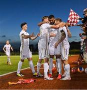 22 September 2023; Wassim Aouachria of Galway United, second from right, celebrates with team-mates Rob Slevin and Stephen Walsh, right, after scoring his side's first goal during the SSE Airtricity Men's First Division match between Kerry FC and Galway United at Mounthawk Park in Tralee, Kerry. Photo by Piaras Ó Mídheach/Sportsfile