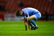 22 September 2023; Will Patching of Derry City reacts after his side's defeat in the SSE Airtricity Men's Premier Division match between Sligo Rovers and Derry City at The Showgrounds in Sligo. Photo by Tyler Miller/Sportsfile