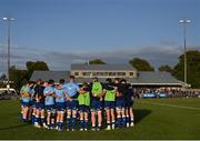 22 September 2023; Leinster players huddle before the pre season friendly match between Leinster and Ulster at Navan RFC in Navan, Meath. Photo by Sam Barnes/Sportsfile