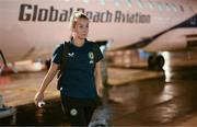 23 September 2023; Republic of Ireland's Lily Agg at Budapest Ferenc Liszt International Airport after their chartered flight from Dublin for their UEFA Women's Nations League B1 match against Hungary, on Tuesday. Photo by Stephen McCarthy/Sportsfile