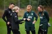 24 September 2023; STATSports analyst Claire Dunne and goalkeeping coach Richie Fitzgibbon with goalkeepers Grace Moloney and Megan Walsh, right, during a Republic of Ireland women training session at MTK Budapest Training Ground in Budapest, Hungary. Photo by Stephen McCarthy/Sportsfile