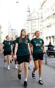 26 September 2023; Republic of Ireland goalkeeper Megan Walsh and Kyra Carusa during a team walk before the UEFA Women's Nations League B1 match between Hungary and Republic of Ireland at Hidegkuti Nándor Stadium in Budapest, Hungary. Photo by Stephen McCarthy/Sportsfile
