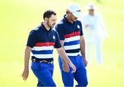 27 September 2023; Patrick Cantlay, left, and Brooks Koepka of USA during a practice round before the 2023 Ryder Cup at Marco Simone Golf and Country Club in Rome, Italy. Photo by Ramsey Cardy/Sportsfile