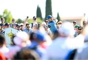 27 September 2023; Justin Rose of Europe watches his tee shot on the 18th hole during a practice round before the 2023 Ryder Cup at Marco Simone Golf and Country Club in Rome, Italy. Photo by Ramsey Cardy/Sportsfile