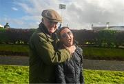 27 September 2023; Captain Frankie Dettori, right, celebrates winning the cup alongside losing captain Willie Mullins after the Barney Curley Cup at Bellewstown Racecourse in Meath. Photo by Eóin Noonan/Sportsfile