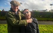 27 September 2023; Captain Frankie Dettori, right, celebrates winning the cup alongside losing captain Willie Mullins after the Barney Curley Cup at Bellewstown Racecourse in Meath. Photo by Eóin Noonan/Sportsfile