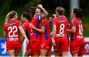 30 September 2023; Kerri Letmon of Shelbourne, centre, celebraes with team-mate Pearl Slattery after scoring their side's second goal during the SSE Airtricity Women's Premier Division match between DLR Waves FC and Shelbourne FC at UCD Bowl in Dublin. Photo by Tyler Miller/Sportsfile