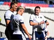 6 October 2023; Scotland players, from right, Finn Russell, Darcy Graham and Duhan van der Merwe during the Scotland rugby captain's run at the Stade de France in Paris, France. Photo by Harry Murphy/Sportsfile