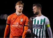 6 October 2023; Dane Massey of Bray Wanderers, right, in conversation with Athlone Town goalkeeper Enda Minogue after the SSE Airtricity Men's First Division match between Athlone Town and Bray Wanderers at Athlone Town Stadium in Westmeath. Photo by Michael P Ryan/Sportsfile