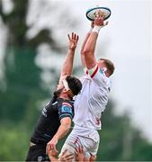 7 October 2023; Kieran Treadwell of Ulster wins possession in the lineout against Ally Miller of Glasgow Warriors during the pre-season friendly match between Ulster and Glasgow Warriors at Kingspan Breffni in Cavan. Photo by Ben McShane/Sportsfile