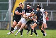 7 October 2023; Dave Shanahan of Ulster is tackled by Glasgow Warriors players, from left, Oli Kebble, Ally Miller and Ben Afshar of Glasgow Warriors during the pre-season friendly match between Ulster and Glasgow Warriors at Kingspan Breffni in Cavan. Photo by Ben McShane/Sportsfile