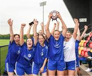 7 October 2023; Amy Wilson captain of Zurich lifts the shield as her team-mates celebrate after the LGFA Interfirms Blitz 2023 at the GAA National Games Development Centre in Abbotstown, Dublin. This year, seven teams competed for the top prize, while 16 teams signed up to take part in a recreational blitz. Photo by Matt Browne/Sportsfile