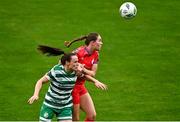 7 October 2023; Aine O'Gorman of Shamrock Rovers in action against Leah Doyle of Shelbourne during the SSE Airtricity Women's Premier Division match between Shamrock Rovers and Shelbourne at Tallaght Stadium in Dublin. Photo by Eóin Noonan/Sportsfile