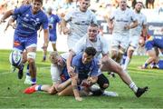 7 October 2023; Jamie Osborne, left, and Jack Boyle, right, of Leinster in action during the pre-season friendly match between Castres Olympique and Leinster at Stade Pierre Fabre in Castres, France. Photo by Manuel Blondeau/Sportsfile