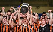 8 October 2023; Camross captain Darragh Duggan lifts the cup after the Laois County Senior Hurling Championship Final match between Abbeyleix St Lazarians and Camross at Laois Hire O'Moore Park in Portlaoise, Laois. Photo by Ben McShane/Sportsfile