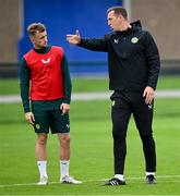10 October 2023; Goalkeeping coach Rene Gilmartin with Sam Curtis during a Republic of Ireland U21 training session at the FAI National Training Centre in Abbotstown, Dublin. Photo by Piaras Ó Mídheach/Sportsfile