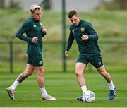 10 October 2023; Josh Cullen and Sam Szmodics, left, during a Republic of Ireland training session at the FAI National Training Centre in Abbotstown, Dublin. Photo by Stephen McCarthy/Sportsfile