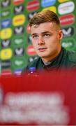 10 October 2023; Evan Ferguson during a Republic of Ireland press conference at FAI Headquarters in Abbotstown, Dublin. Photo by Stephen McCarthy/Sportsfile