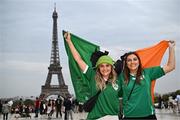 13 October 2023; Ireland supporters Ellen and Shona Curran from Dungarvan, Waterford in front of the Eiffel Tower in Paris ahead of the 2023 Rugby World Cup quarter-final match between Ireland and New Zealand. Photo by Harry Murphy/Sportsfile