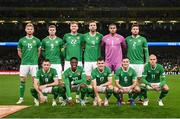 13 October 2023; The Republic of Ireland team, back row, from left, Liam Scales, Evan Ferguson, Nathan Collins, captain Shane Duffy, goalkeeper Gavin Bazunu and Matt Doherty. Front row, from left, Alan Browne, Chiedozie Ogbene, Jason Knight, Josh Cullen and Will Smallbone before the UEFA EURO 2024 Championship qualifying group B match between Republic of Ireland and Greece at the Aviva Stadium in Dublin. Photo by Stephen McCarthy/Sportsfile