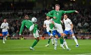 13 October 2023; Republic of Ireland players Chiedozie Ogbene, left, and Evan Ferguson during the UEFA EURO 2024 Championship qualifying group B match between Republic of Ireland and Greece at the Aviva Stadium in Dublin. Photo by Seb Daly/Sportsfile