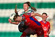 14 October 2023; Joy Ralph of Shamrock Rovers in action against Margaret Pierce of Shelbourne during the FAI Women's Cup semi-final match between Shamrock Rovers and Shelbourne at Tallaght Stadium in Dublin. Photo by Ben McShane/Sportsfile