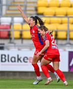 14 October 2023; Christie Gray of Shelbourne celebrates with teammate Margaret Pierce, right, after scoring their side's first goal during the FAI Women's Cup semi-final match between Shamrock Rovers and Shelbourne at Tallaght Stadium in Dublin. Photo by Ben McShane/Sportsfile