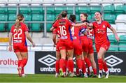 14 October 2023; Shelbourne players celebrate their first goal, scored by Christie Gray, hidden, during the FAI Women's Cup semi-final match between Shamrock Rovers and Shelbourne at Tallaght Stadium in Dublin. Photo by Ben McShane/Sportsfile
