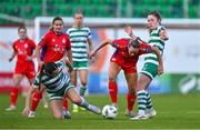 14 October 2023; Kerri Letmon of Shelbourne in action against Lia O'Leary, left, and Scarlett Herron of Shamrock Rovers during the FAI Women's Cup semi-final match between Shamrock Rovers and Shelbourne at Tallaght Stadium in Dublin.