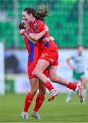 14 October 2023; Hannah Healy of Shelbourne celebrates with teammate Kerri Letmon, left, after scoring their side's second goal during the FAI Women's Cup semi-final match between Shamrock Rovers and Shelbourne at Tallaght Stadium in Dublin. Photo by Ben McShane/Sportsfile