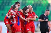 14 October 2023; Hannah Healy of Shelbourne, centre, celebrates with teammates after scoring their side's second goal during the FAI Women's Cup semi-final match between Shamrock Rovers and Shelbourne at Tallaght Stadium in Dublin. Photo by Ben McShane/Sportsfile