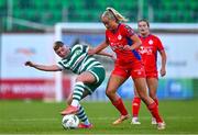 14 October 2023; Jaime Thompson of Shamrock Rovers in action against Nadine Clare of Shelbourne during the FAI Women's Cup semi-final match between Shamrock Rovers and Shelbourne at Tallaght Stadium in Dublin. Photo by Ben McShane/Sportsfile
