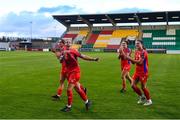 14 October 2023; Pearl Slattery of Shelbourne celebrates with her teammates after the FAI Women's Cup semi-final match between Shamrock Rovers and Shelbourne at Tallaght Stadium in Dublin. Photo by Ben McShane/Sportsfile