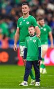 14 October 2023; Jonathan Sexton of Ireland and his son Luca after his side's defeat in the 2023 Rugby World Cup quarter-final match between Ireland and New Zealand at the Stade de France in Paris, France. Photo by Ramsey Cardy/Sportsfile