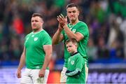 14 October 2023; Jonathan Sexton of Ireland and his son Luca after his side's defeat in the 2023 Rugby World Cup quarter-final match between Ireland and New Zealand at the Stade de France in Paris, France. Photo by Ramsey Cardy/Sportsfile