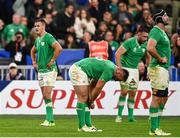 14 October 2023; Jonathan Sexton of Ireland, right, and teammates after their side's defeat in the 2023 Rugby World Cup quarter-final match between Ireland and New Zealand at the Stade de France in Paris, France. Photo by Harry Murphy/Sportsfile