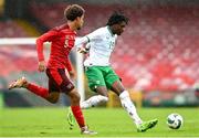 17 October 2023; Jayden Umeh of Republic of Ireland in action against Marvin Akahomen of Switzerland during the UEFA European U17 Championship qualifying group 10 match between Switzerland and Republic of Ireland at Turner's Cross in Cork. Photo by Eóin Noonan/Sportsfile