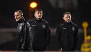 20 October 2023; Bohemians manager Declan Devine, centre, with assistant manager Gary Cronin, right, and first team coach Derek Pender before the SSE Airtricity Men's Premier Division match between Bohemians and St Patrick's Athletic at Dalymount Park in Dublin. Photo by Seb Daly/Sportsfile